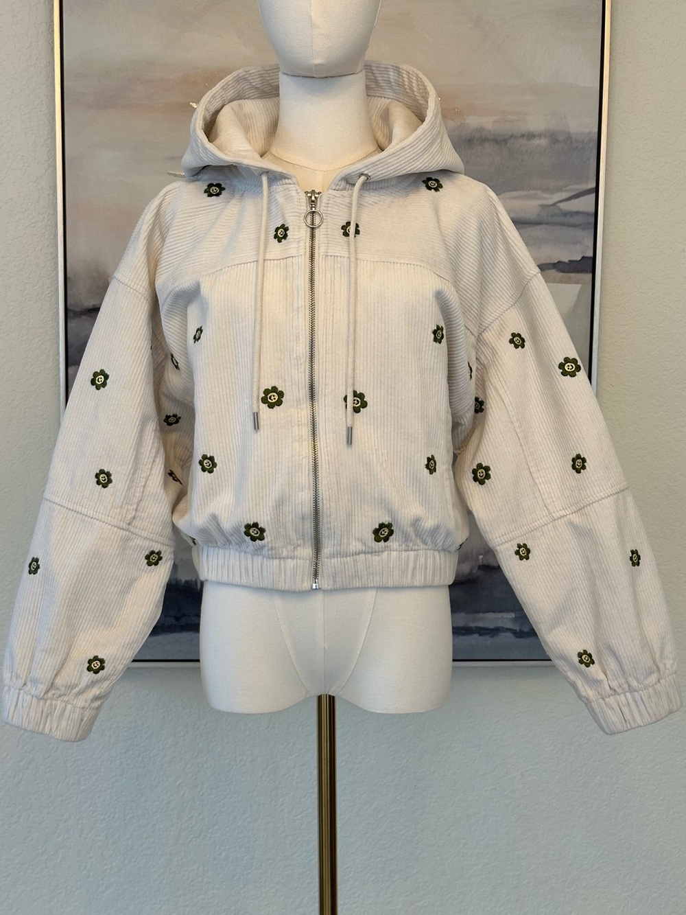 Forever 21 Floral Embroidered Hooded Corduroy Bomber Jacket Cottagecore Y2K